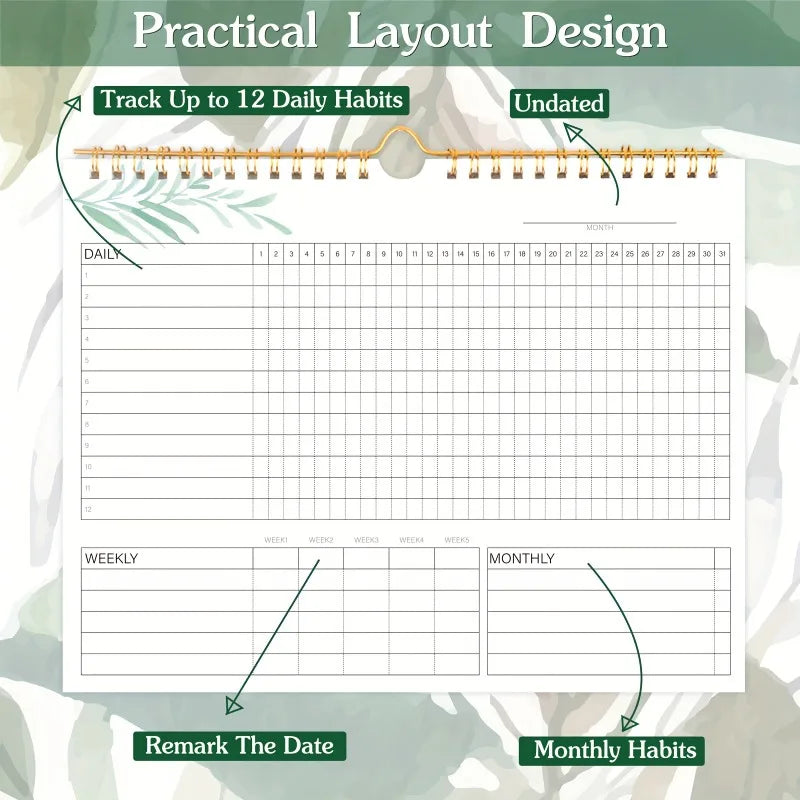 12-Page Habit Tracker Planner – Daily, Weekly & Monthly, Spiral-Bound