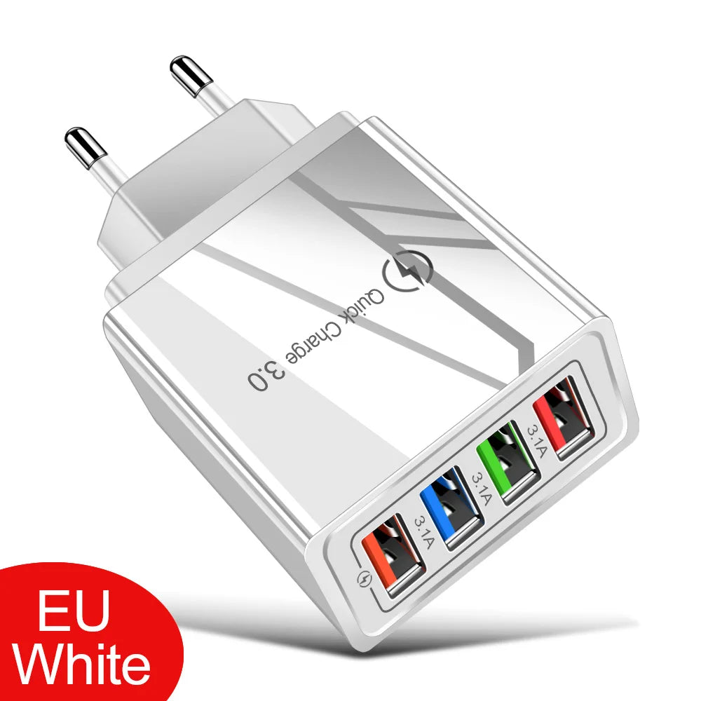 4-Port USB Wall Charger — 3A Quick Charge 3.0, EU/US Plug