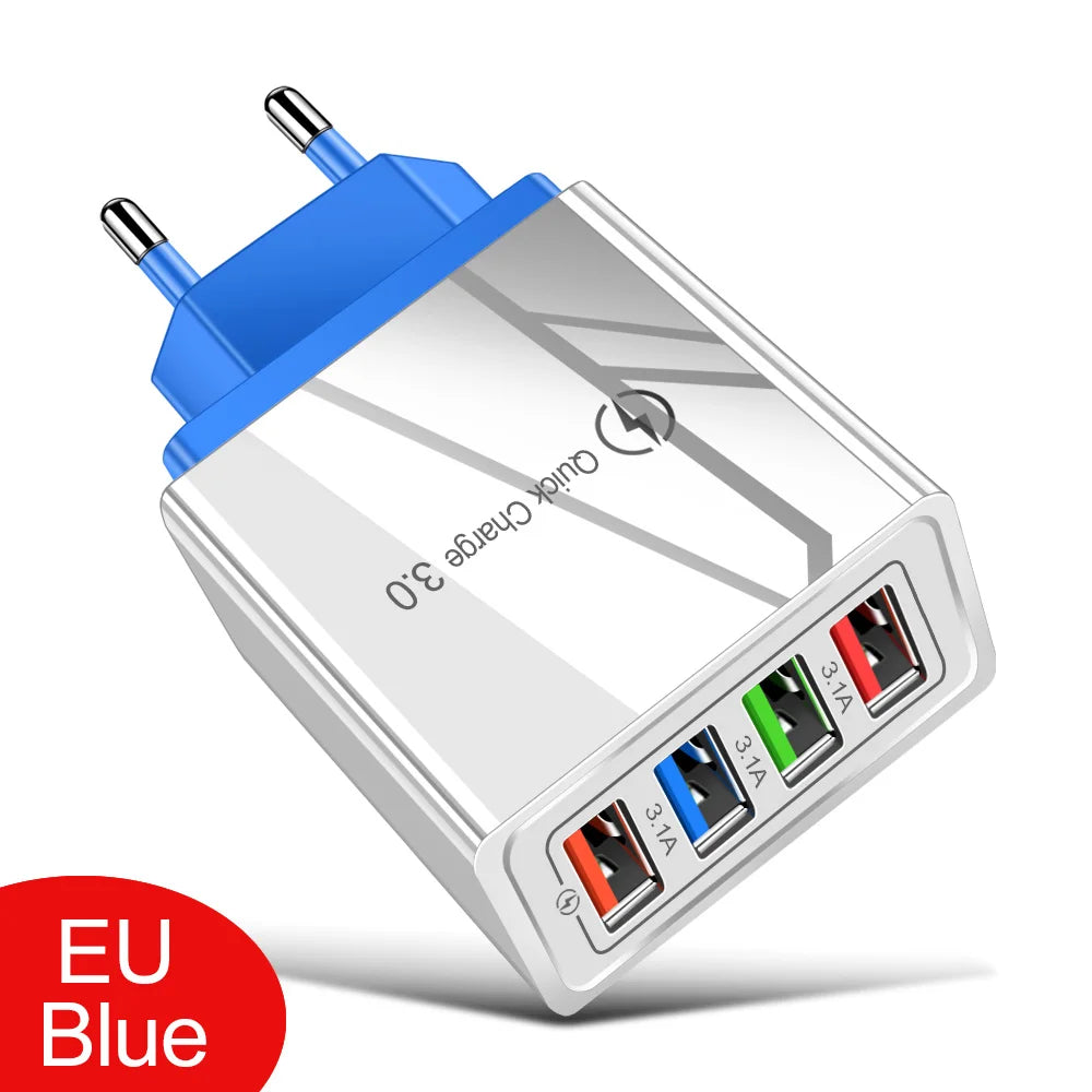 4-Port USB Wall Charger — 3A Quick Charge 3.0, EU/US Plug