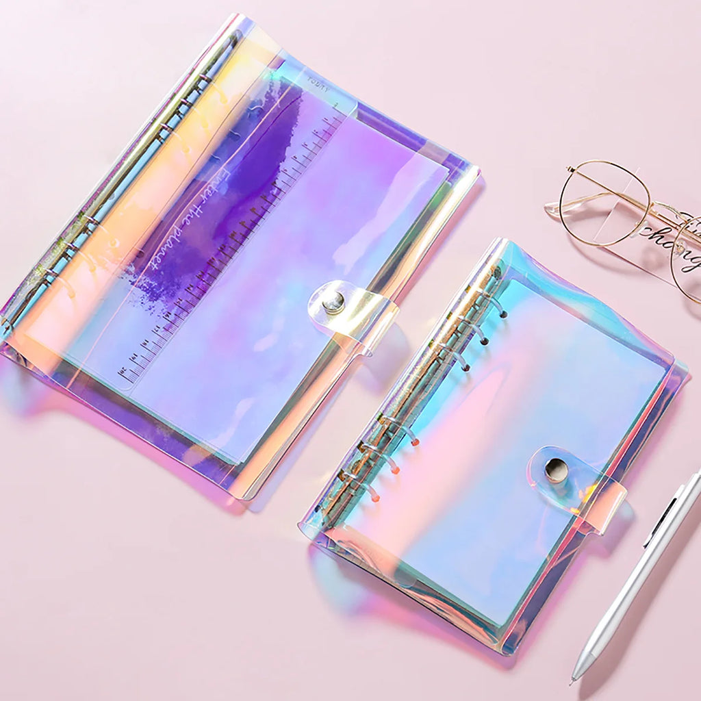 A5 A6 A7 Holographic Laser Binder Cover, 6 Ring Loose Leaf Planner with Index Dividers, Storage Bags and Ruler Accessories
