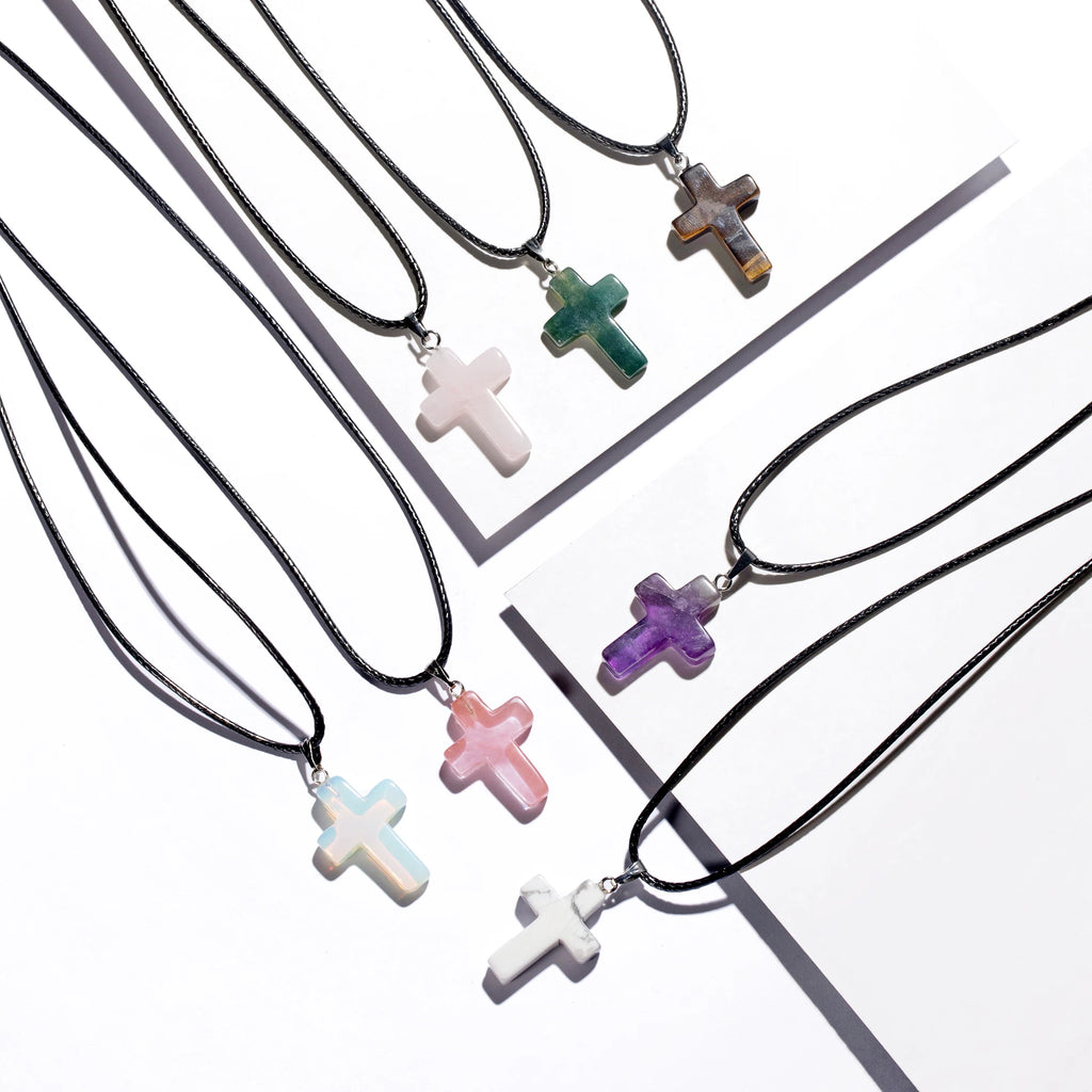 Natural Stone Cross Pendant Necklace — Crystal Chakra Healing Jewelry