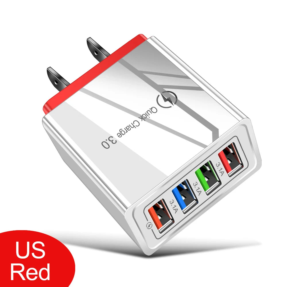 4-Port USB Wall Charger — 3A Quick Charge 3.0, EU/US Plug
