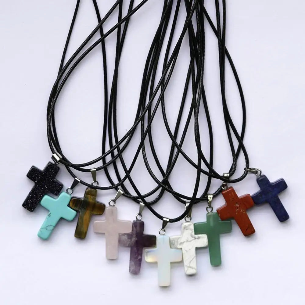 Natural Stone Cross Pendant Necklace — Crystal Chakra Healing Jewelry
