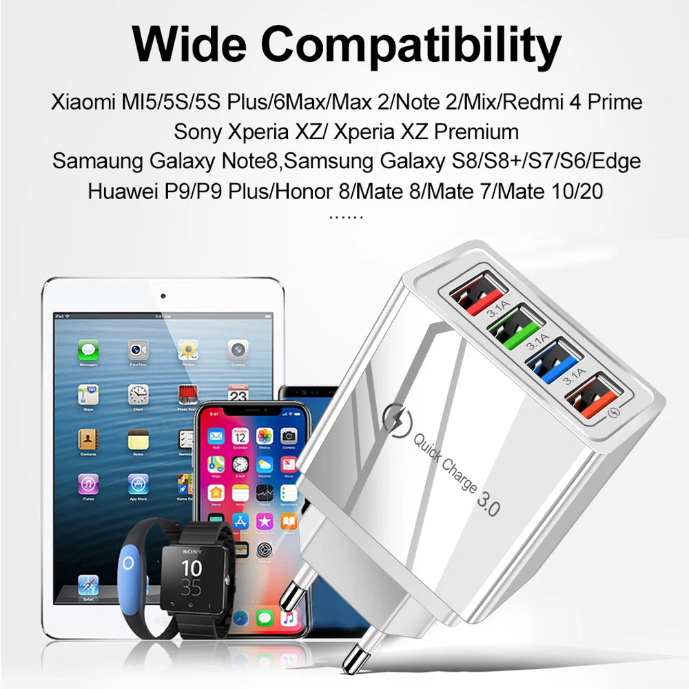 4-Port USB Wall Charger — 3A Quick Charge 3.0, EU/US Plug