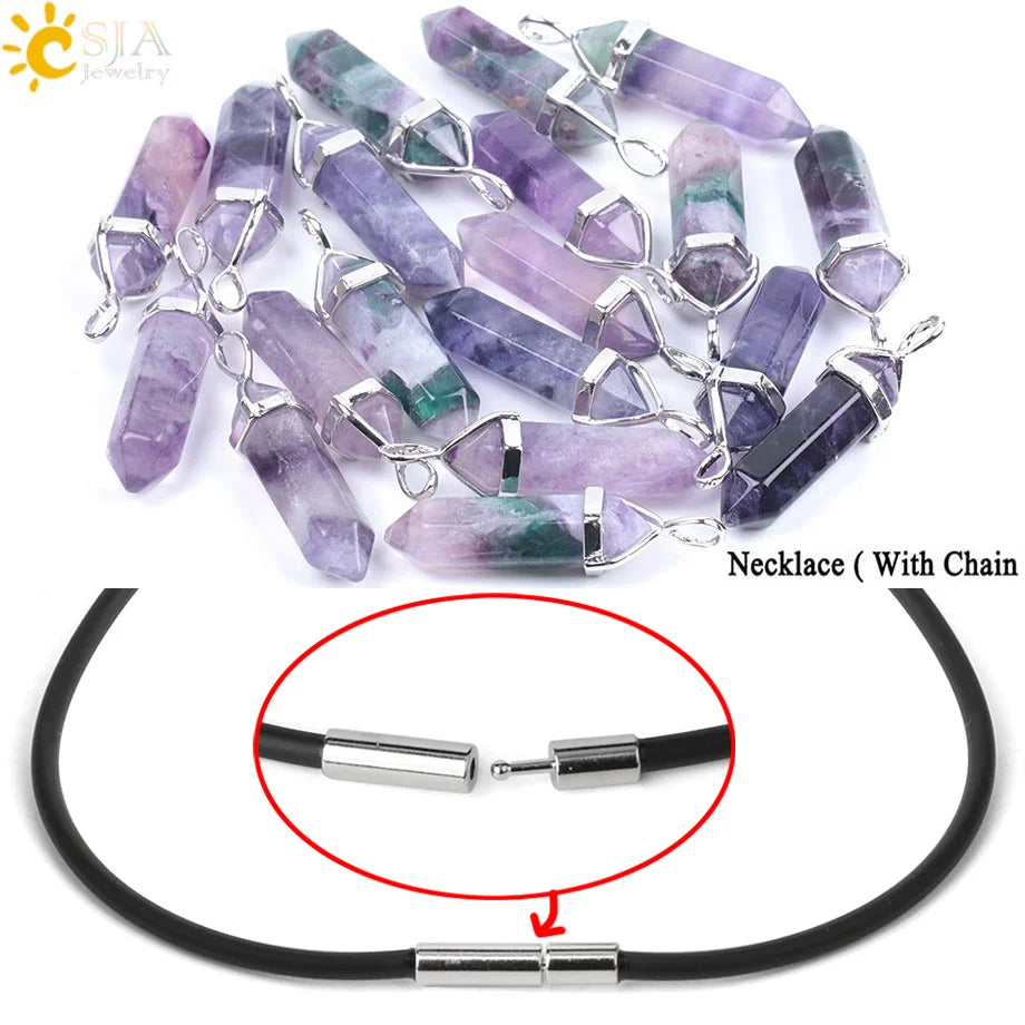 Natural Fluorite Crystal Hexagonal Point Pendant Necklace — Reiki Healing"