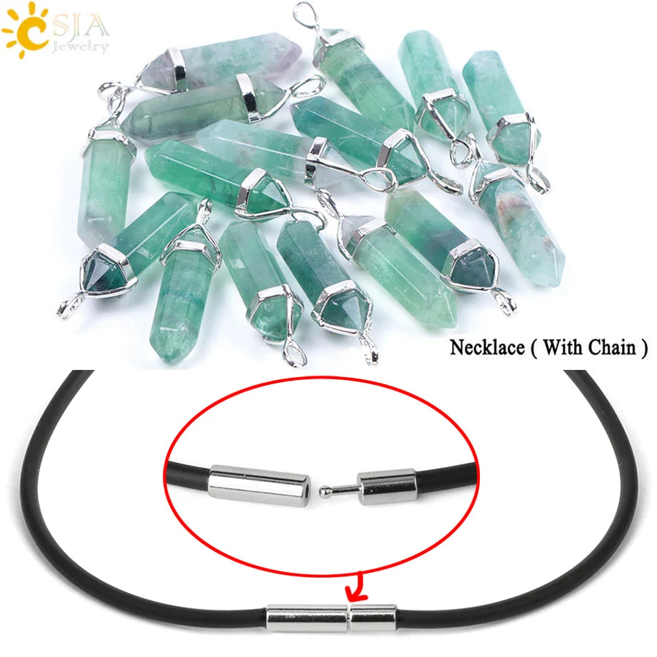 Natural Fluorite Crystal Hexagonal Point Pendant Necklace — Reiki Healing"