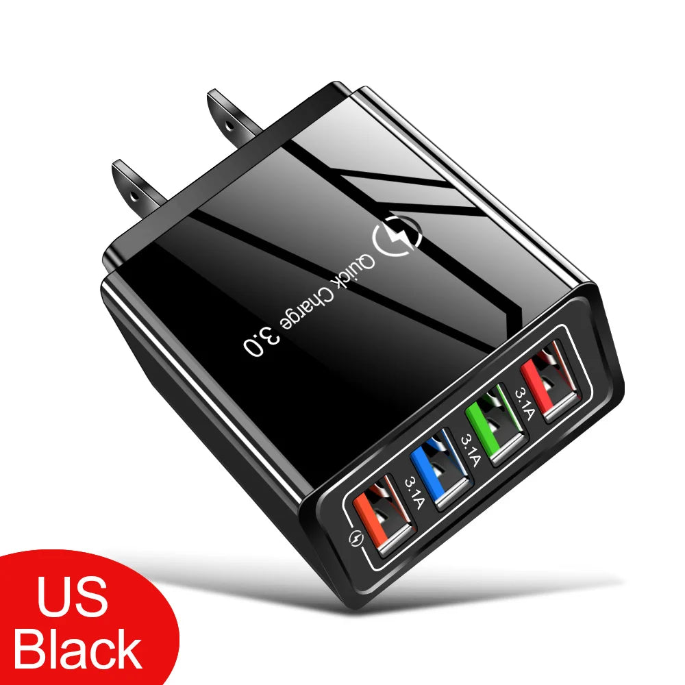 4-Port USB Wall Charger — 3A Quick Charge 3.0, EU/US Plug