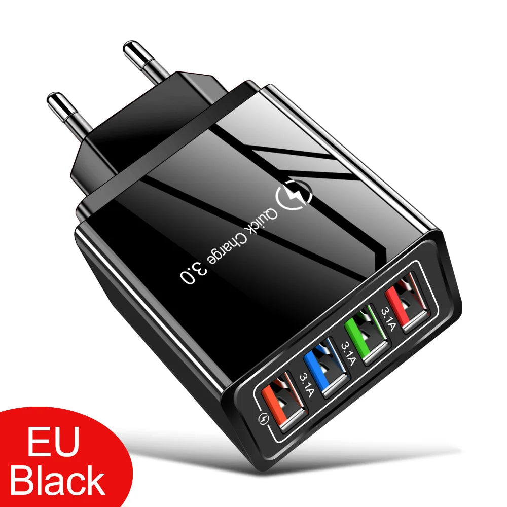 4-Port USB Wall Charger — 3A Quick Charge 3.0, EU/US Plug