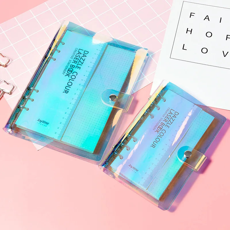 A5 A6 A7 Holographic Laser Binder Cover, 6 Ring Loose Leaf Planner with Index Dividers, Storage Bags and Ruler Accessories