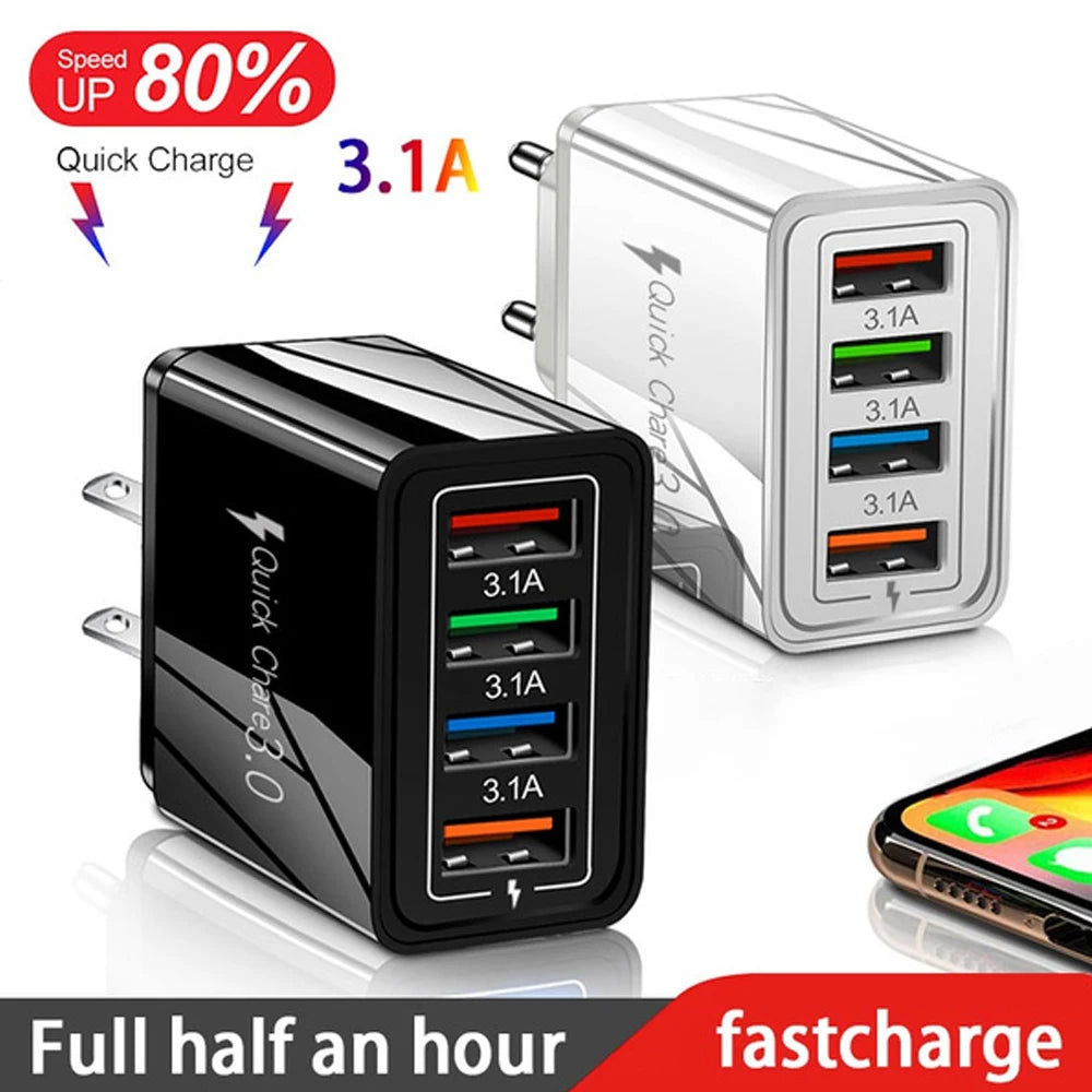 4-Port USB Wall Charger — 3A Quick Charge 3.0, EU/US Plug