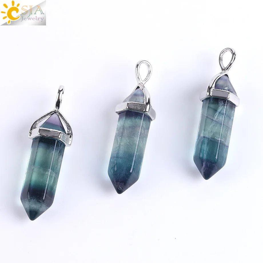 Natural Fluorite Crystal Hexagonal Point Pendant Necklace — Reiki Healing"