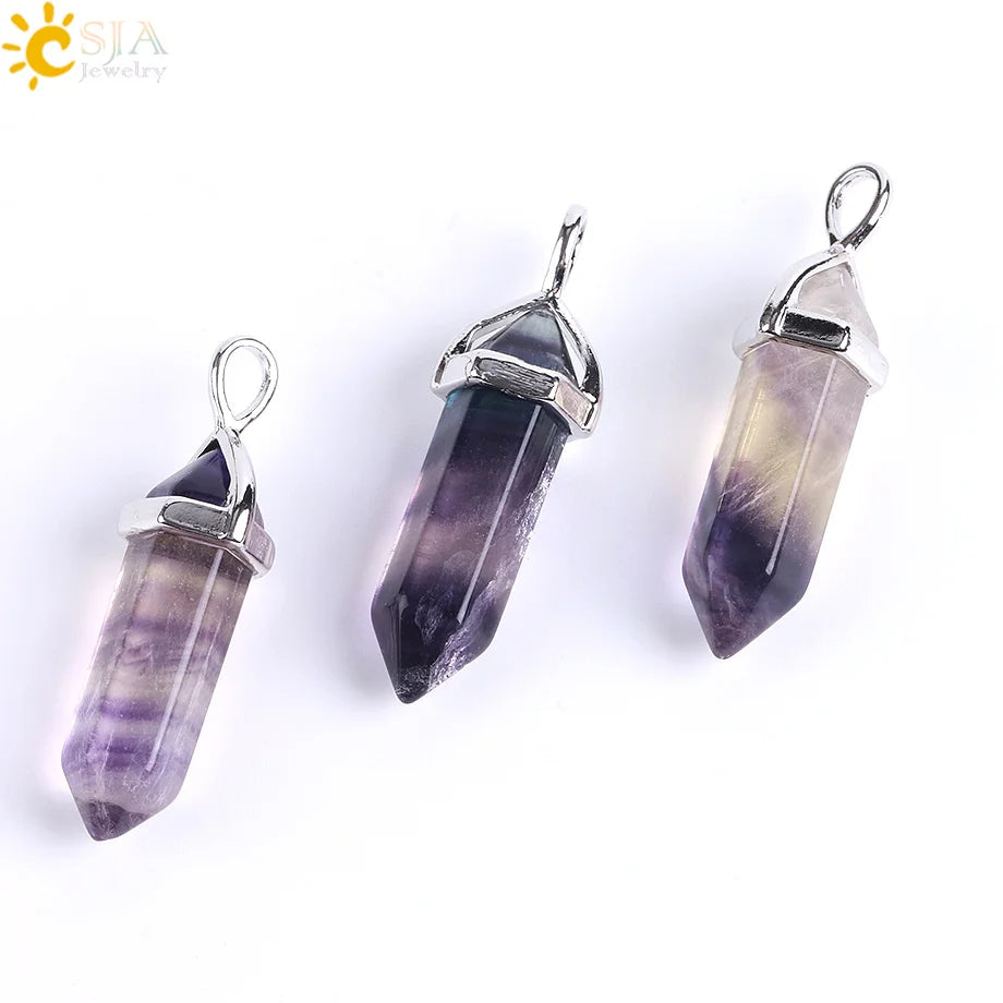 Natural Fluorite Crystal Hexagonal Point Pendant Necklace — Reiki Healing"