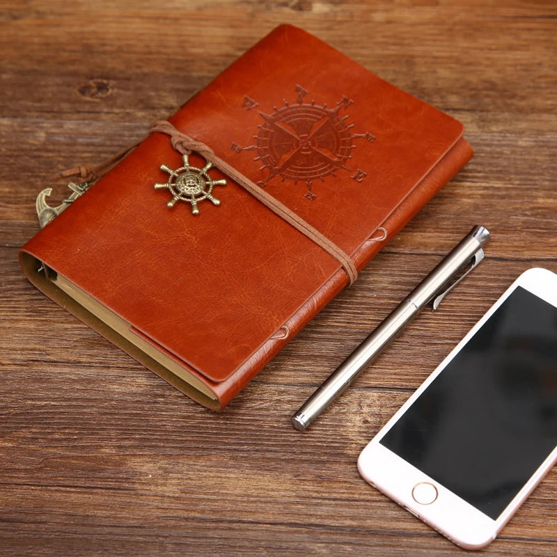Vintage PU Leather Journal with Anchor Charm and Wrap Tie, Refillable Retro Notebook Diary for Writing, Travel, and Gifts