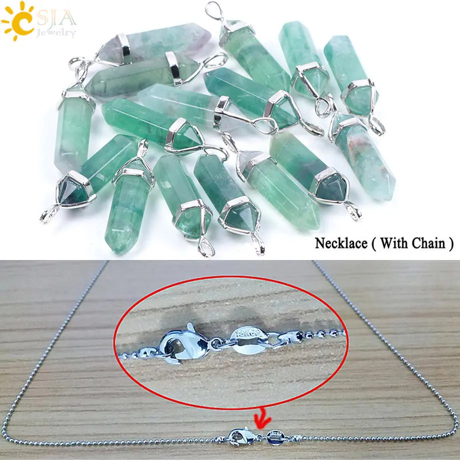 Natural Fluorite Crystal Hexagonal Point Pendant Necklace — Reiki Healing"