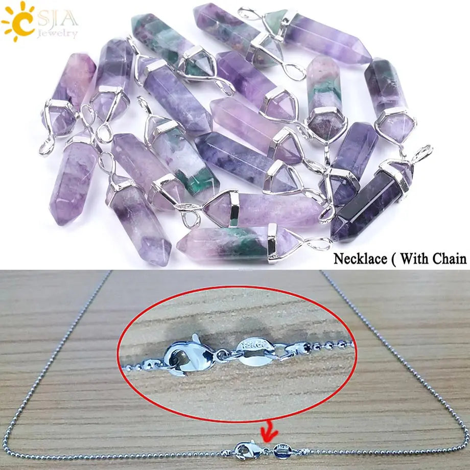 Natural Fluorite Crystal Hexagonal Point Pendant Necklace — Reiki Healing"