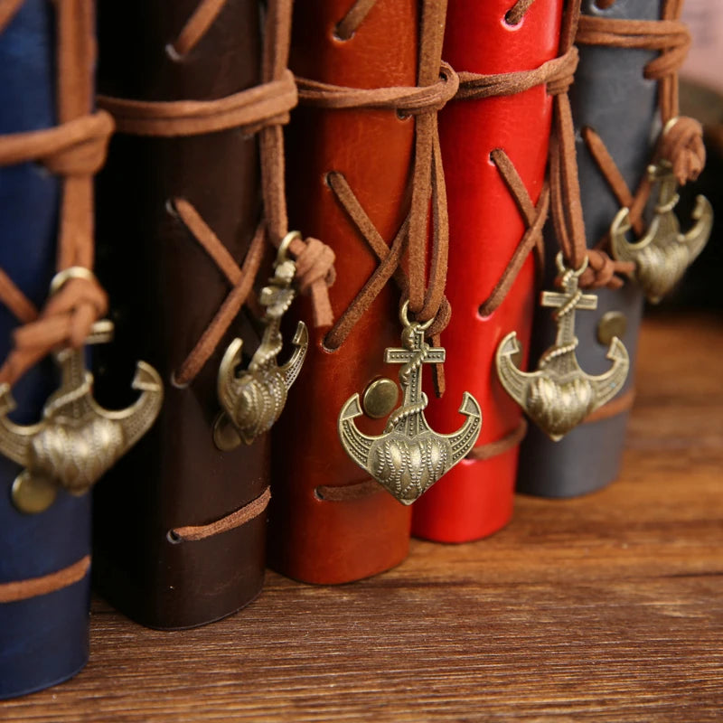 Vintage PU Leather Journal with Anchor Charm and Wrap Tie, Refillable Retro Notebook Diary for Writing, Travel, and Gifts