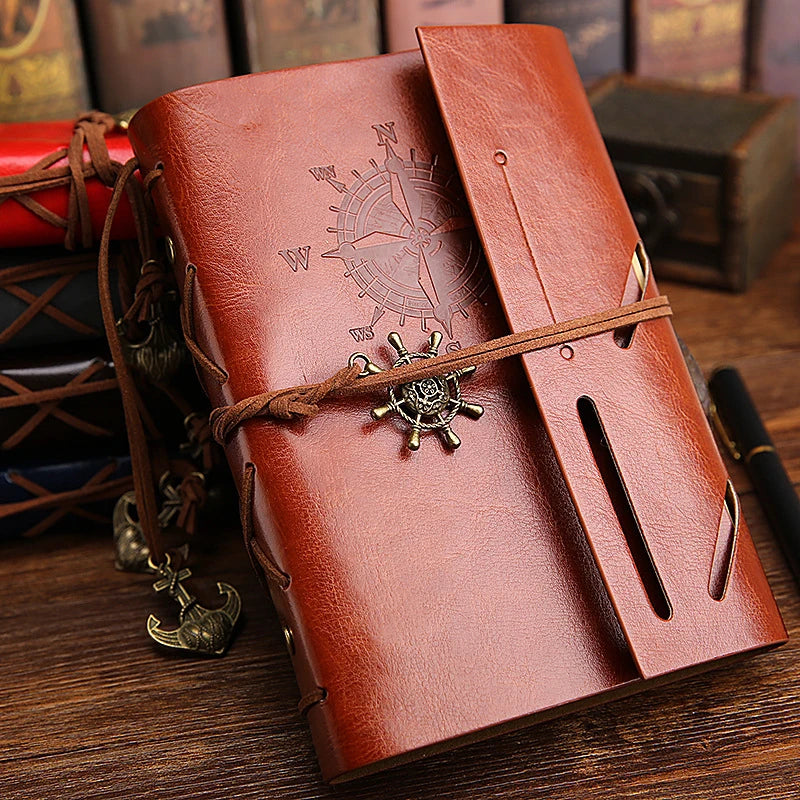 Vintage PU Leather Journal with Anchor Charm and Wrap Tie, Refillable Retro Notebook Diary for Writing, Travel, and Gifts