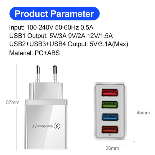 4-Port USB Wall Charger — 3A Quick Charge 3.0, EU/US Plug
