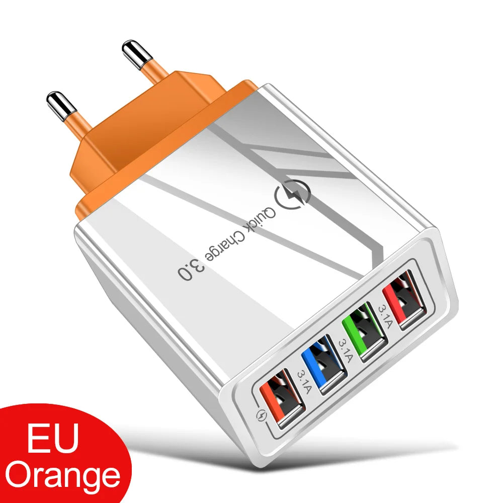 4-Port USB Wall Charger — 3A Quick Charge 3.0, EU/US Plug