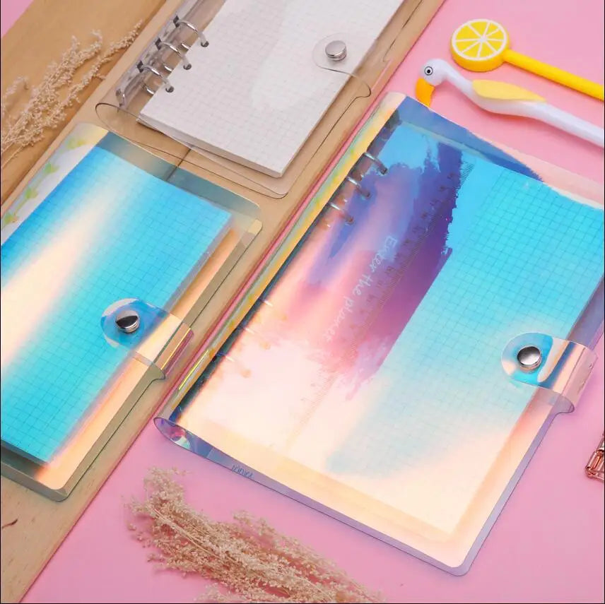 A5 A6 A7 Holographic Laser Binder Cover, 6 Ring Loose Leaf Planner with Index Dividers, Storage Bags and Ruler Accessories