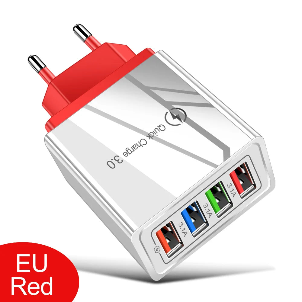 4-Port USB Wall Charger — 3A Quick Charge 3.0, EU/US Plug