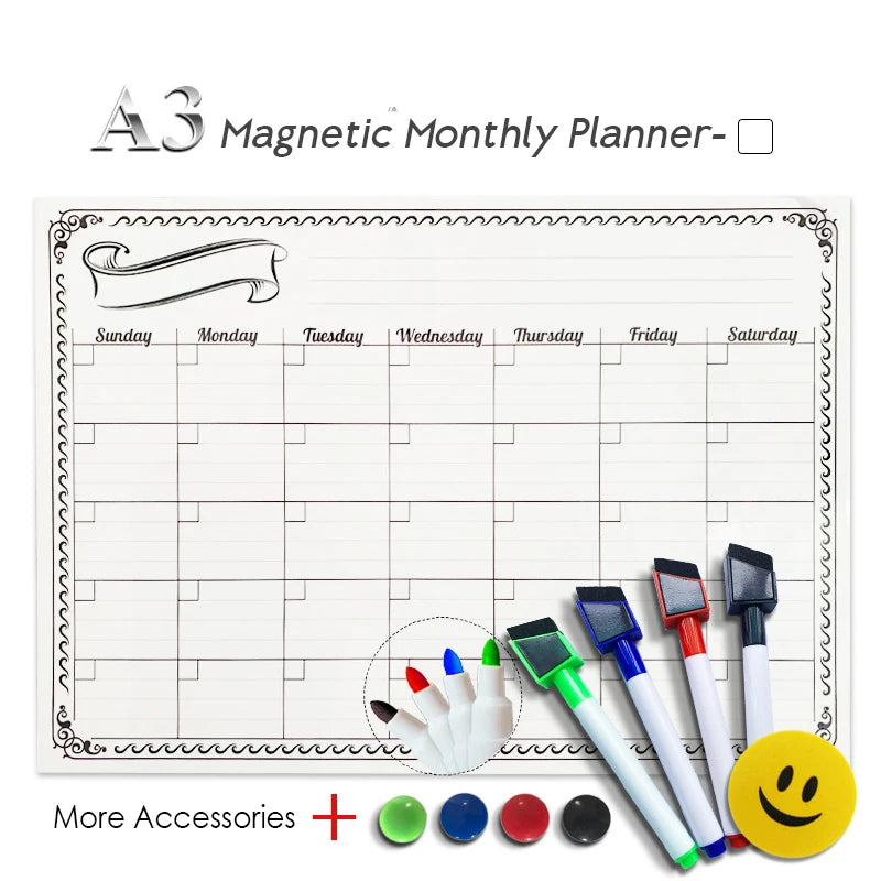 A3 Magnetic Planner Whiteboard — Weekly, Monthly & Meal Planning Board