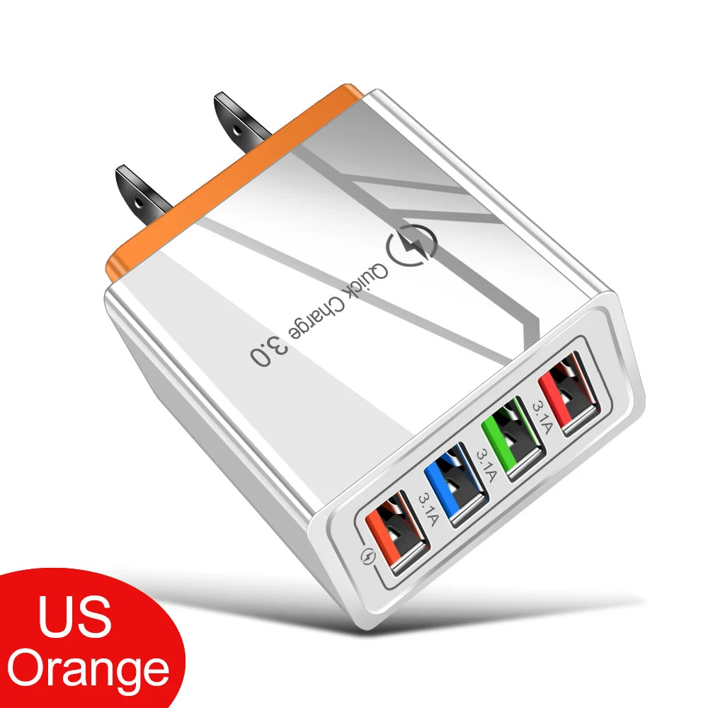 4-Port USB Wall Charger — 3A Quick Charge 3.0, EU/US Plug