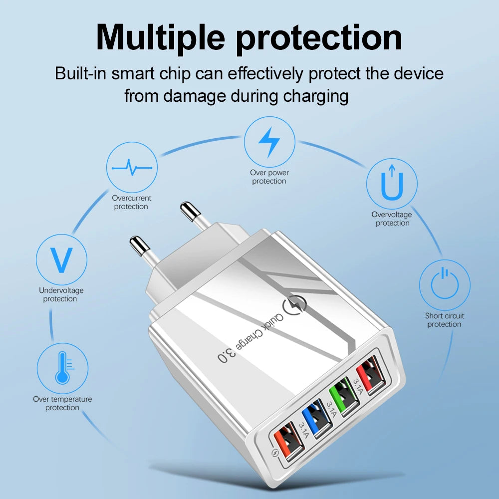 4-Port USB Wall Charger — 3A Quick Charge 3.0, EU/US Plug