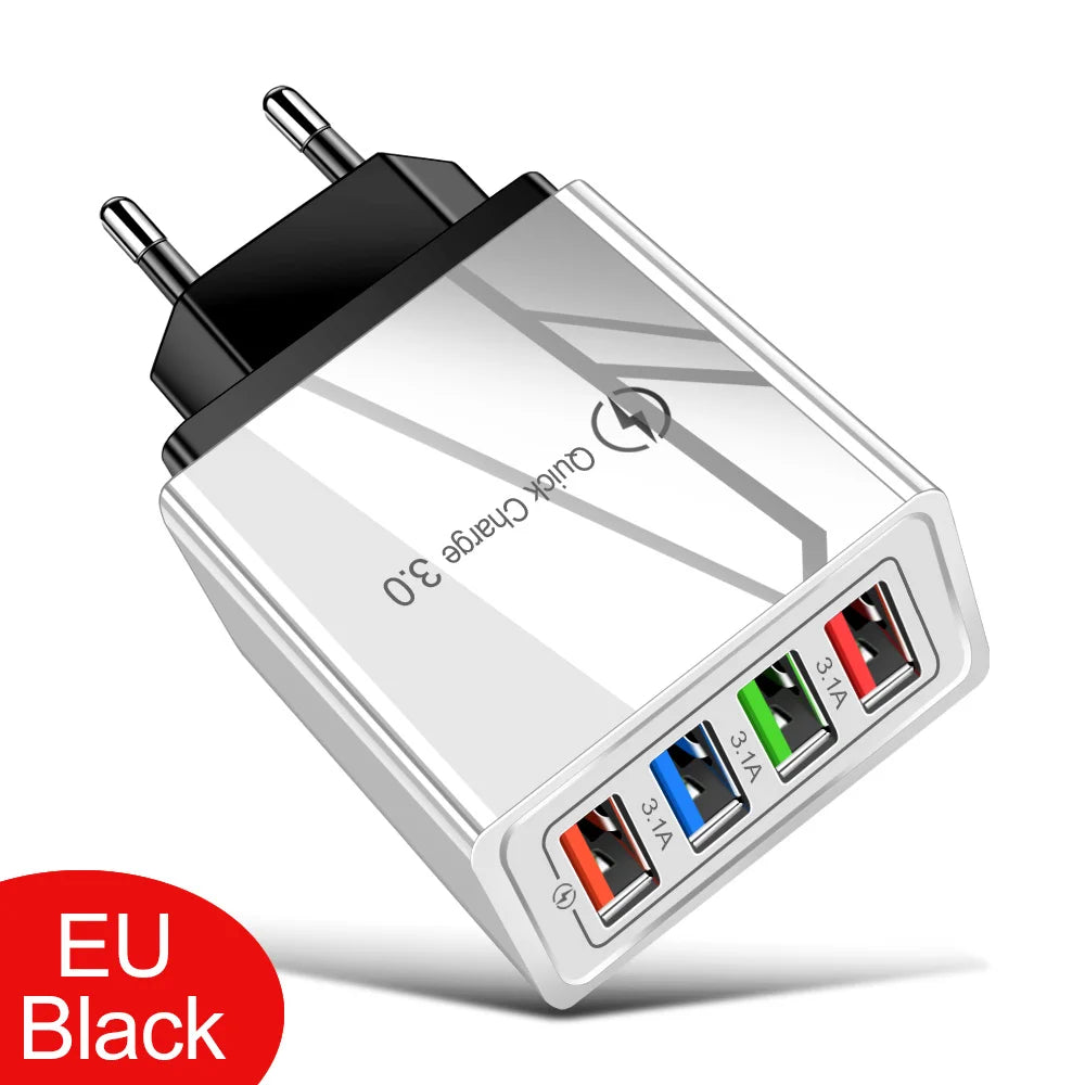 4-Port USB Wall Charger — 3A Quick Charge 3.0, EU/US Plug