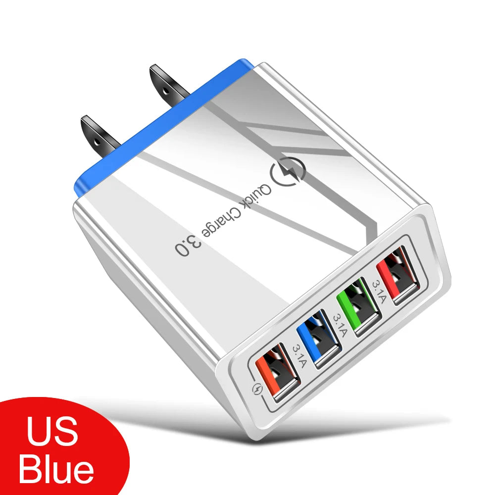 4-Port USB Wall Charger — 3A Quick Charge 3.0, EU/US Plug