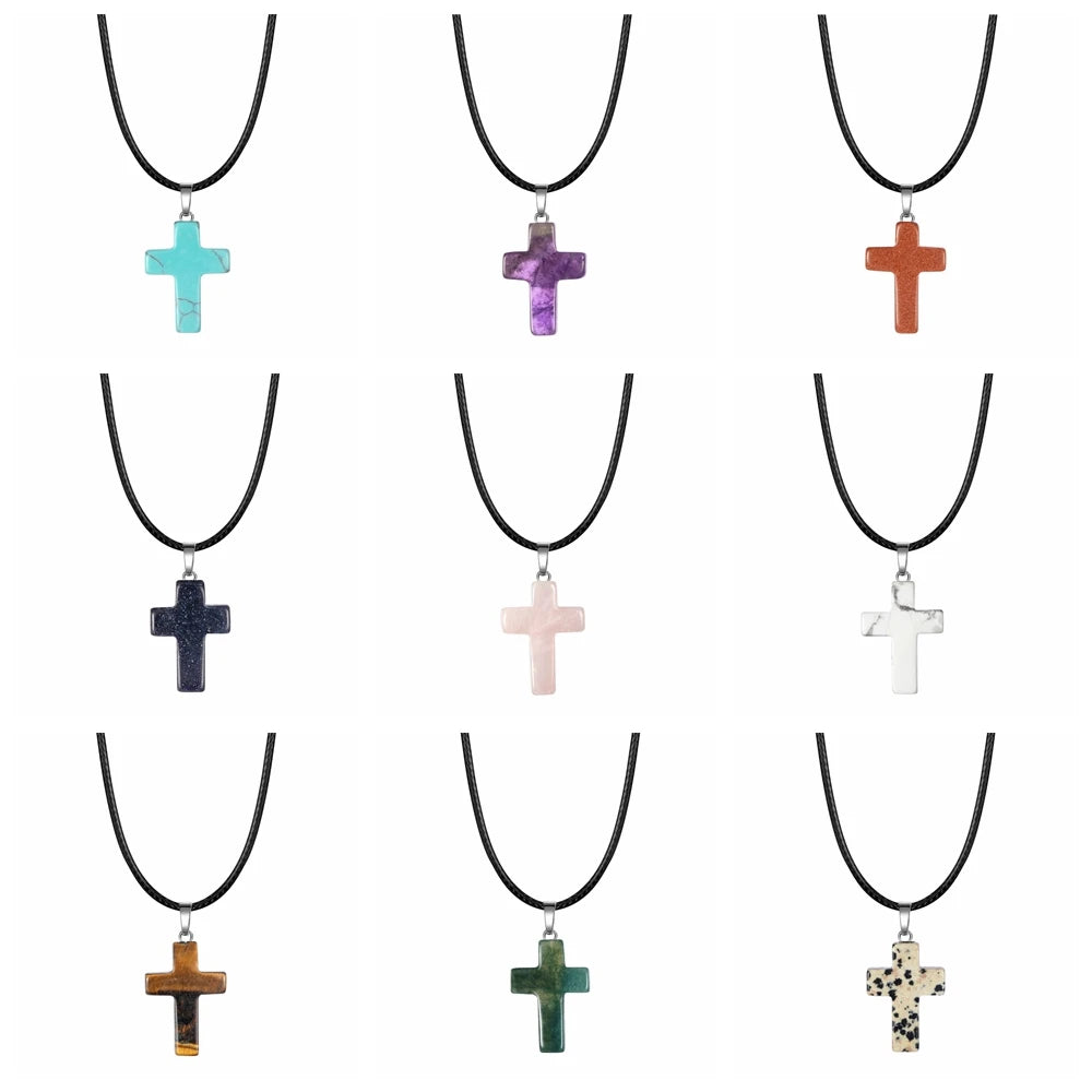 Natural Stone Cross Pendant Necklace — Crystal Chakra Healing Jewelry