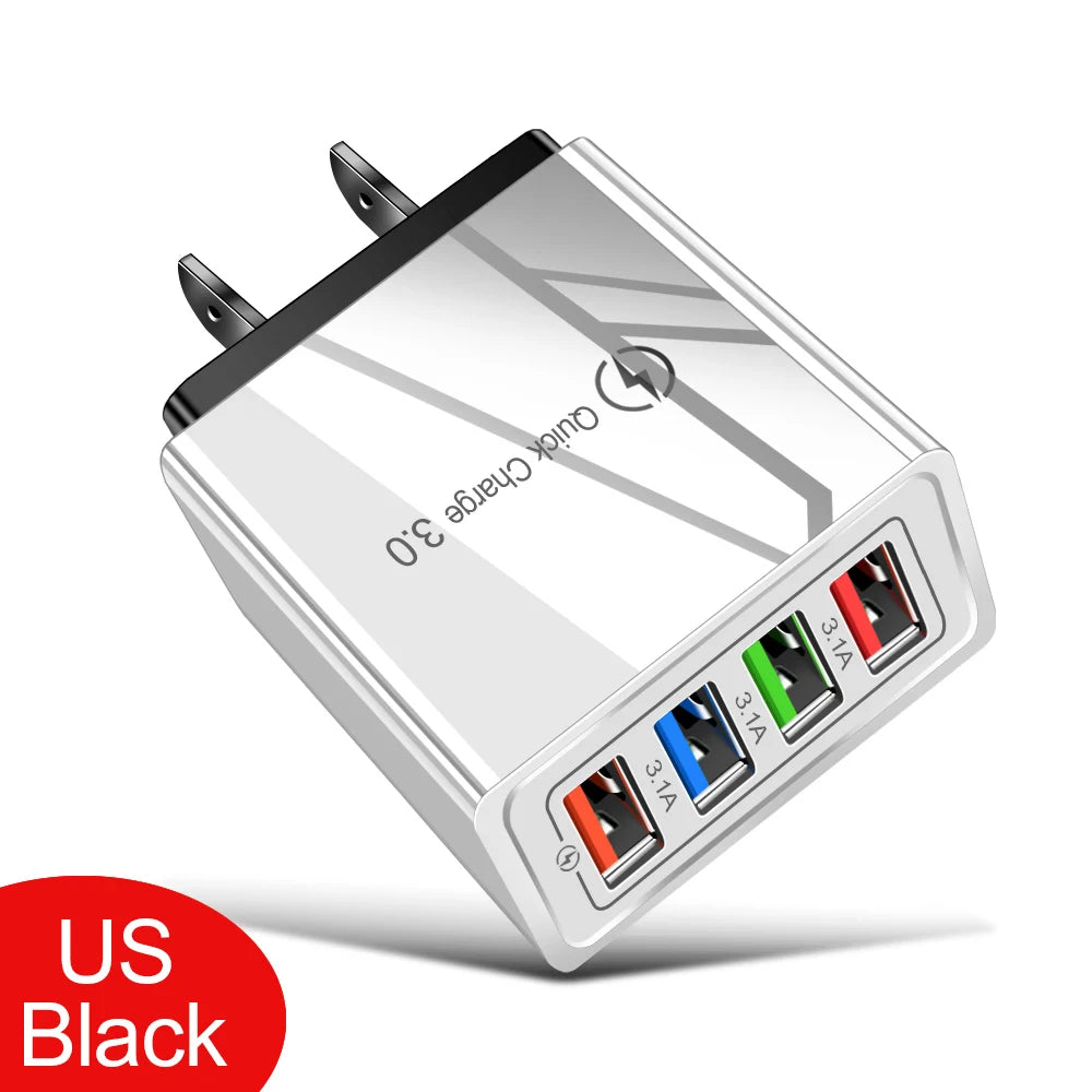 4-Port USB Wall Charger — 3A Quick Charge 3.0, EU/US Plug
