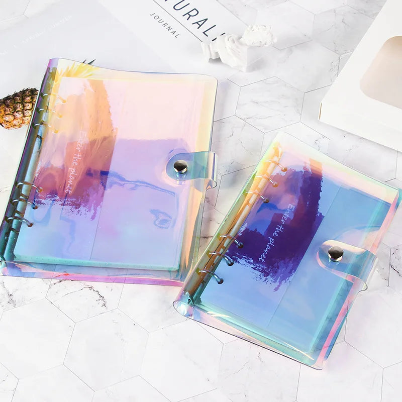 A5 A6 A7 Holographic Laser Binder Cover, 6 Ring Loose Leaf Planner with Index Dividers, Storage Bags and Ruler Accessories