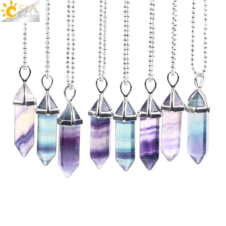 Natural Fluorite Crystal Hexagonal Point Pendant Necklace — Reiki Healing"