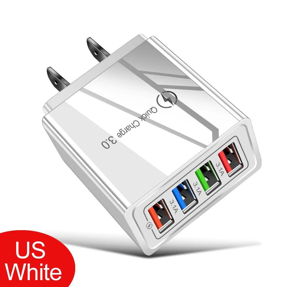 4-Port USB Wall Charger — 3A Quick Charge 3.0, EU/US Plug