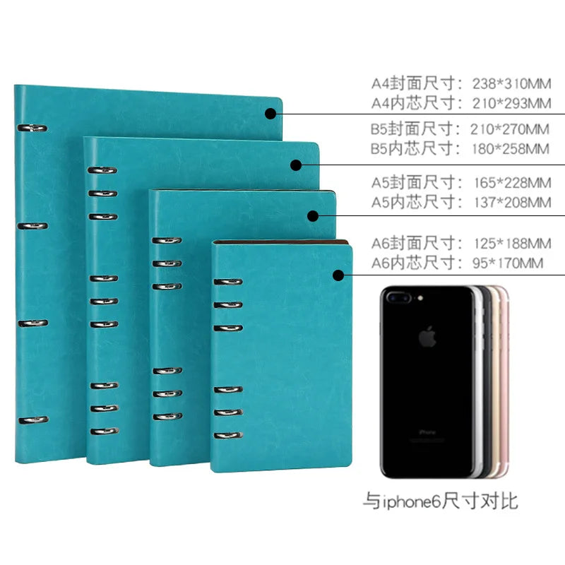 Faux Leather Loose-Leaf Notebook Binder, A4, B5, A5 & A6