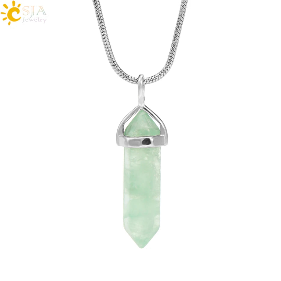 Natural Fluorite Crystal Hexagonal Point Pendant Necklace — Reiki Healing"