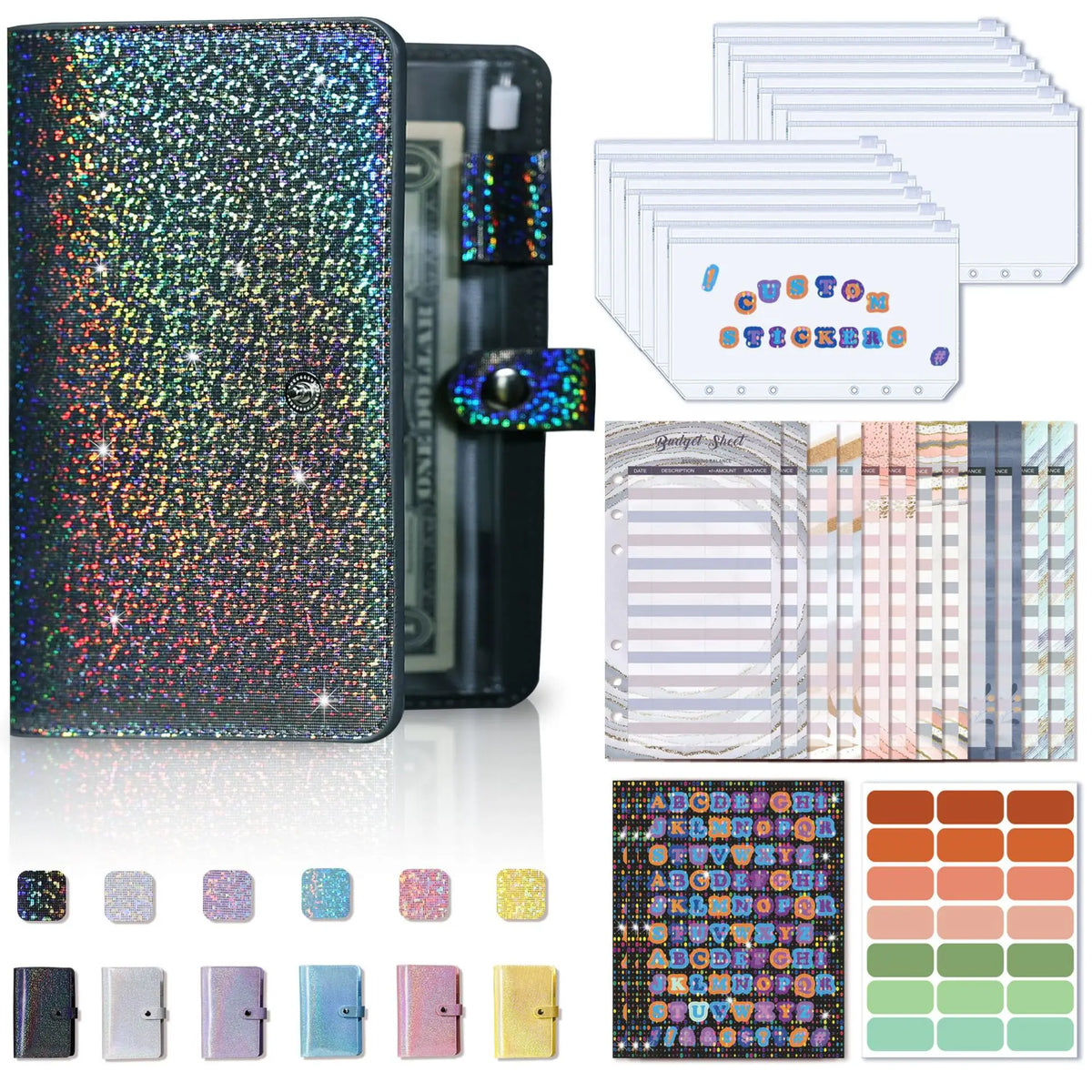 A6 Glitter PU Leather Budget Binder with Cash Envelopes, Budget Sheets and Stickers, Money Saving Organizer Wallet for Budgeting