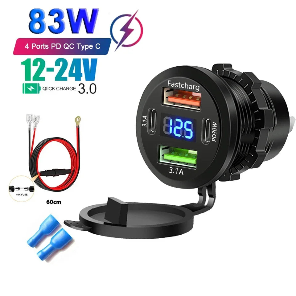 12V/24V Multi-Port USB Car Charger — PD/QC Fast Charging Socket with Voltmeter & On/Off Switch