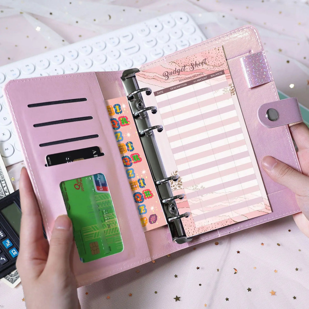A6 Glitter PU Leather Budget Binder with Cash Envelopes, Budget Sheets and Stickers, Money Saving Organizer Wallet for Budgeting