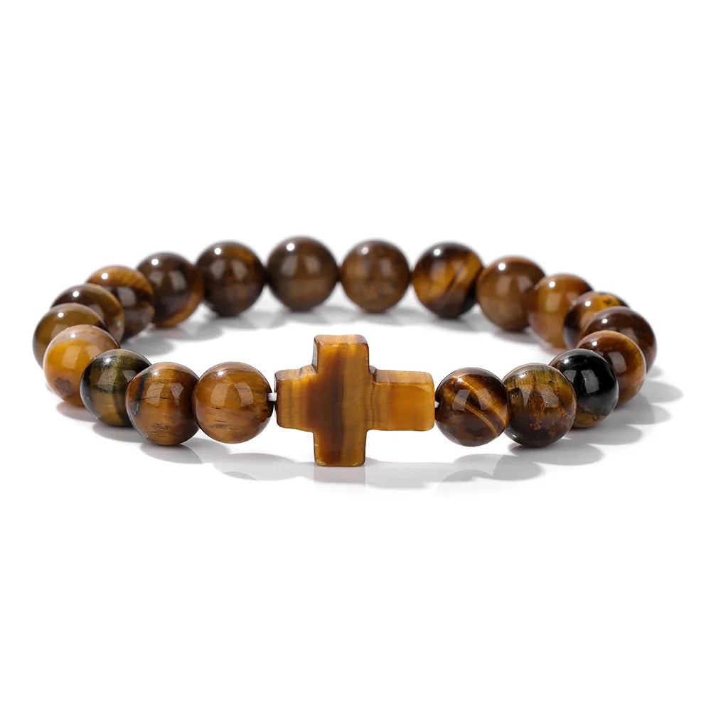 Natural Stone Cross Beaded Bracelet — Crystal Healing Prayer Jewelry