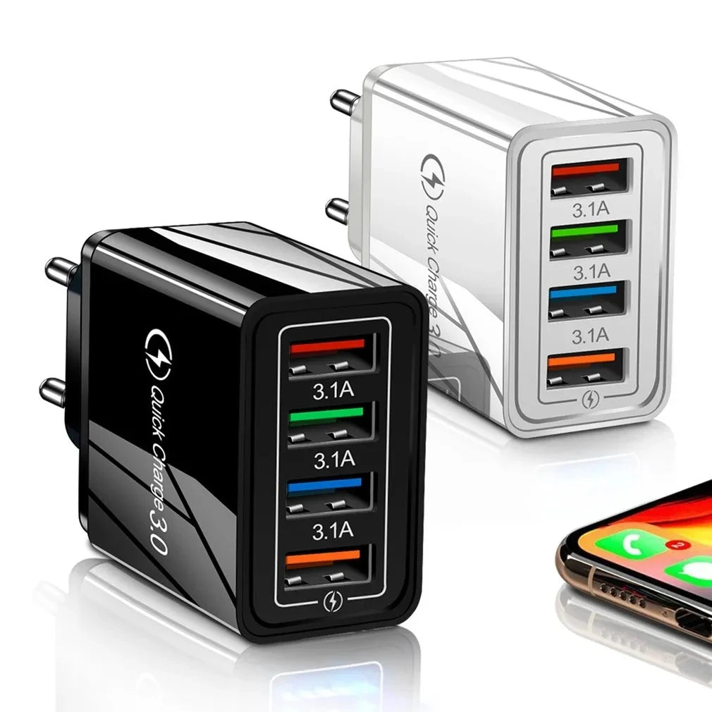 4-Port USB Wall Charger — 3A Quick Charge 3.0 Adapter with EU/US Plug