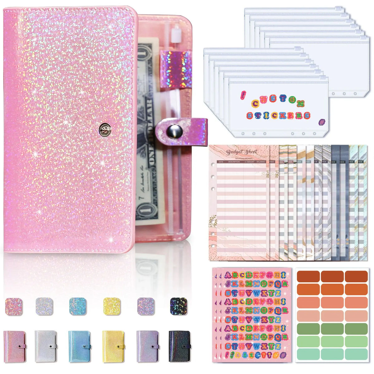 A6 Glitter PU Leather Budget Binder with Cash Envelopes, Budget Sheets and Stickers, Money Saving Organizer Wallet for Budgeting