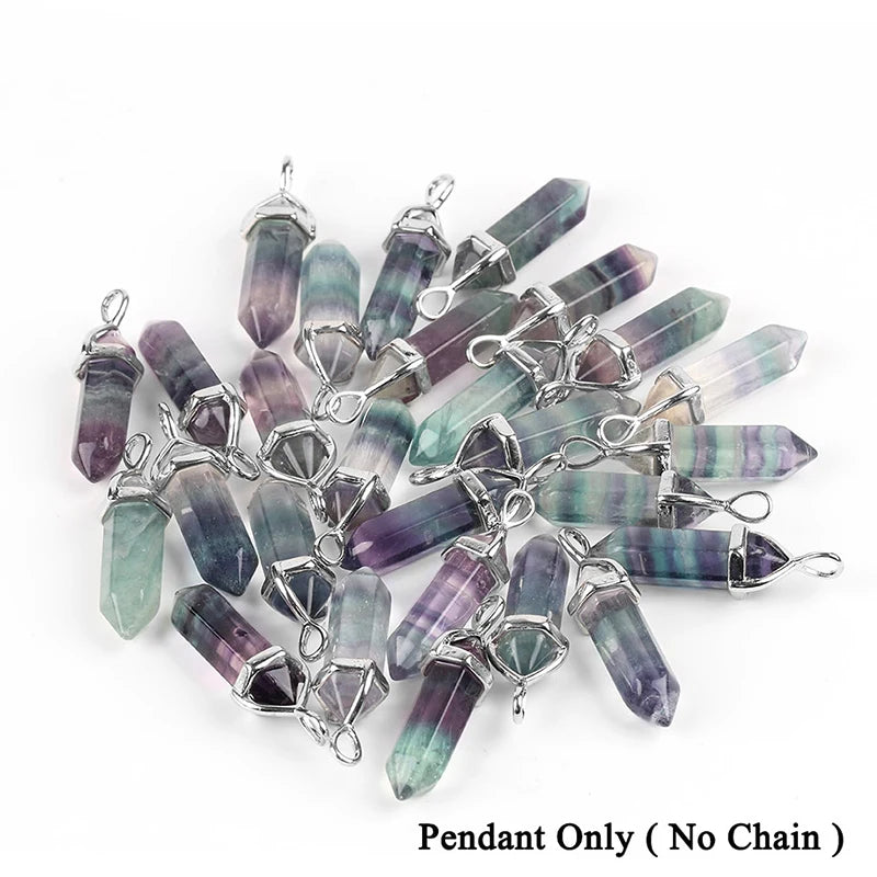 Natural Fluorite Crystal Hexagonal Point Pendant Necklace — Reiki Healing"