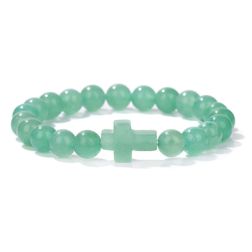 Natural Stone Cross Beaded Bracelet — Crystal Healing Prayer Jewelry