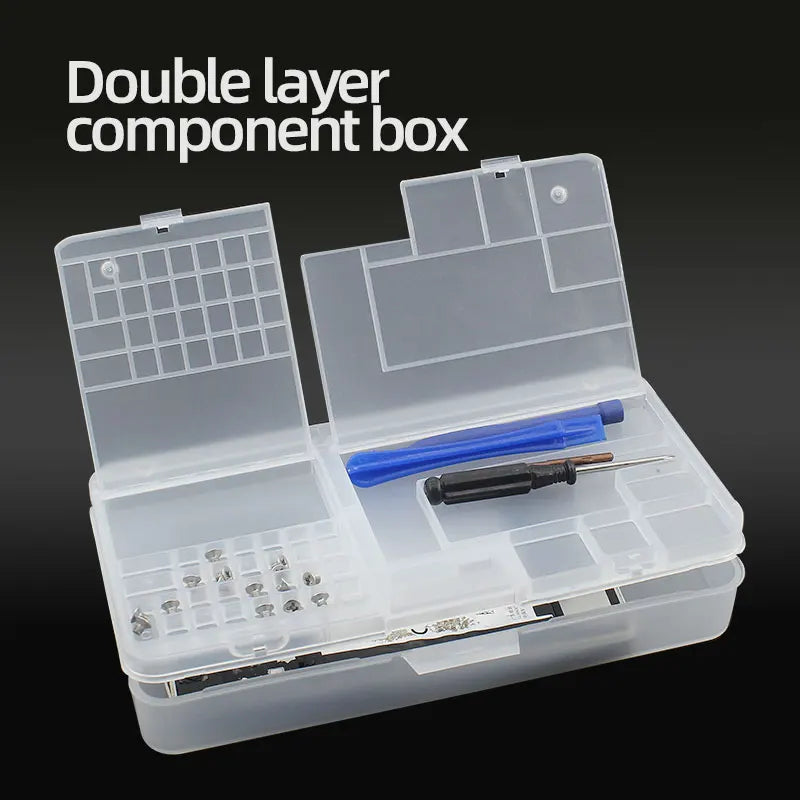 Double Layer Clear Component Storage Box for Small Electronics, Screws, SD Cards and Repair Tools