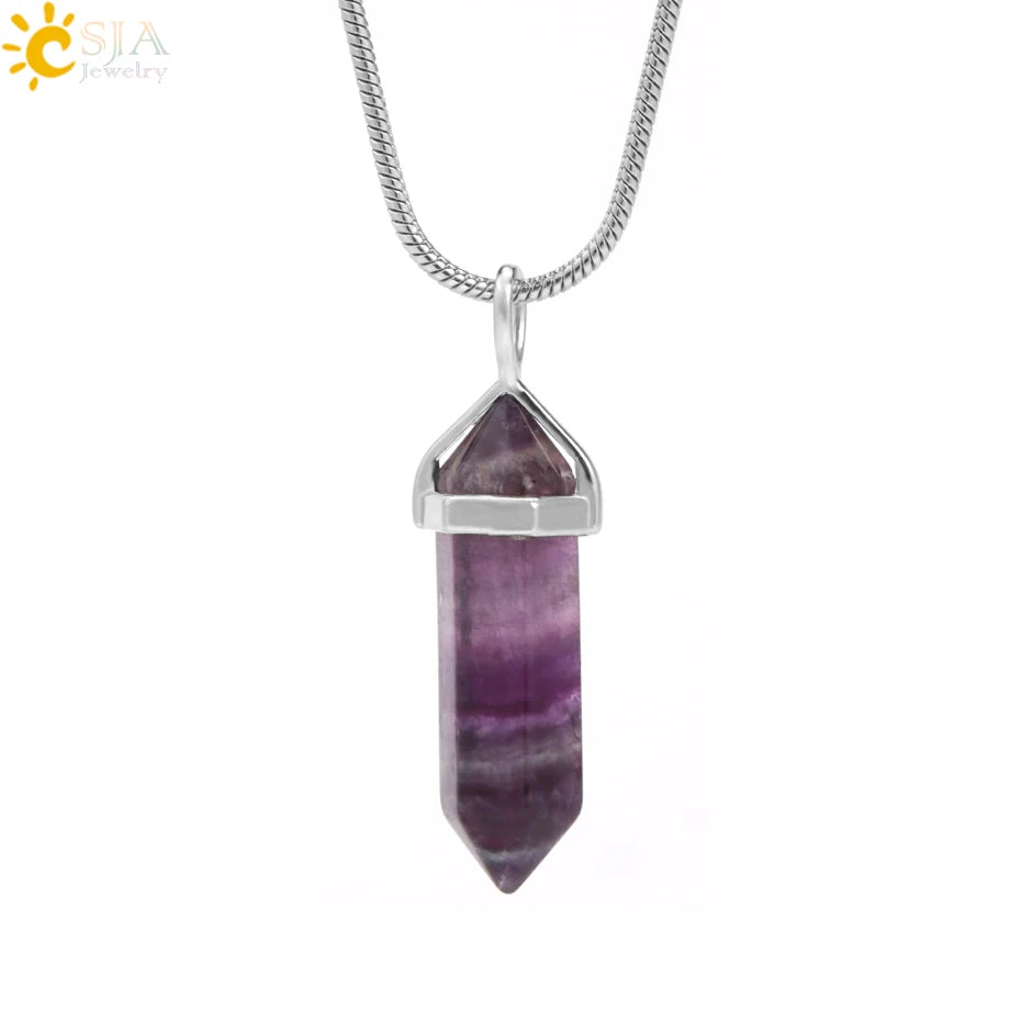 Natural Fluorite Crystal Hexagonal Point Pendant Necklace — Reiki Healing"