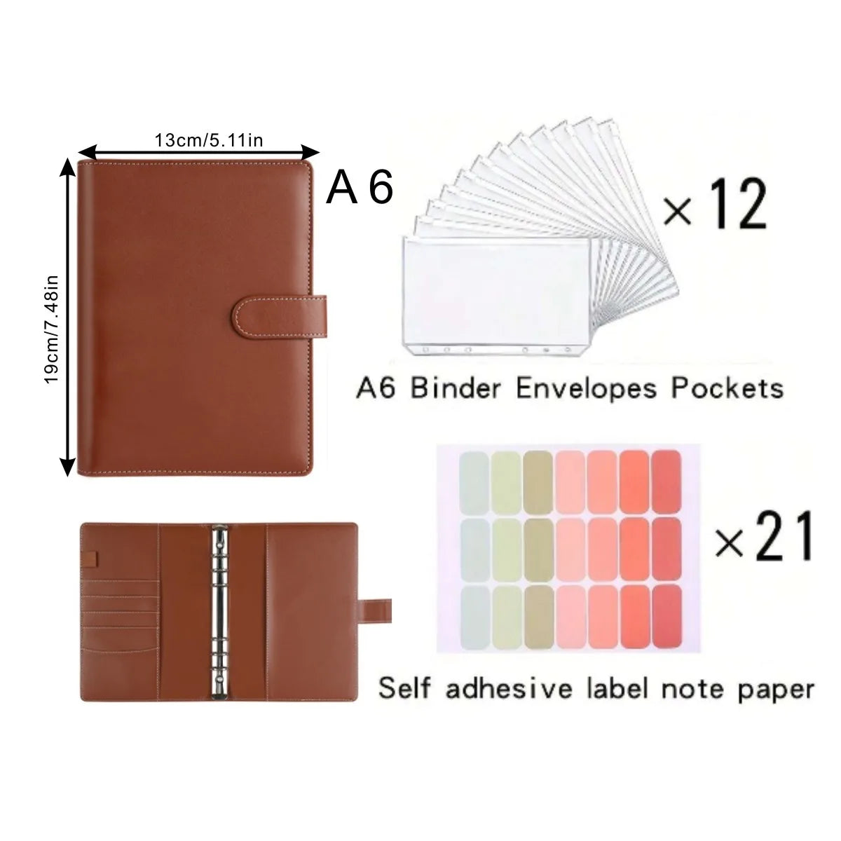 A6 PU Leather Cash Savings Binder — 12 Pockets & 21 Budget Labels