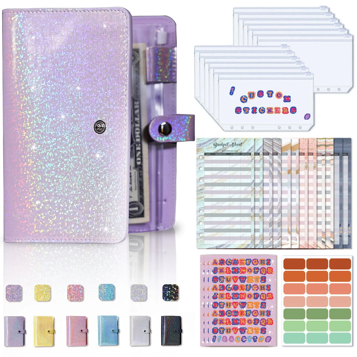A6 Glitter PU Leather Budget Binder with Cash Envelopes, Budget Sheets and Stickers, Money Saving Organizer Wallet for Budgeting