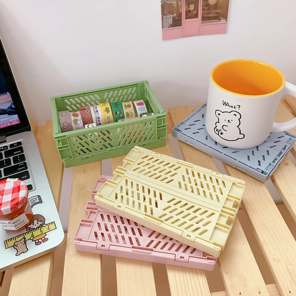 Stackable Foldable Plastic Desk Storage Basket, Cute Stationery Organizer Box for Student and Office Desktop Supplies